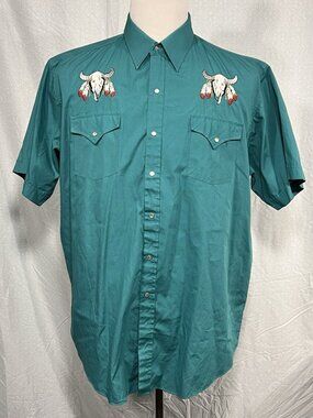 Vintage High Noon Western Shirt XL Teal Pearl Snap Steer Skull Embroidered
